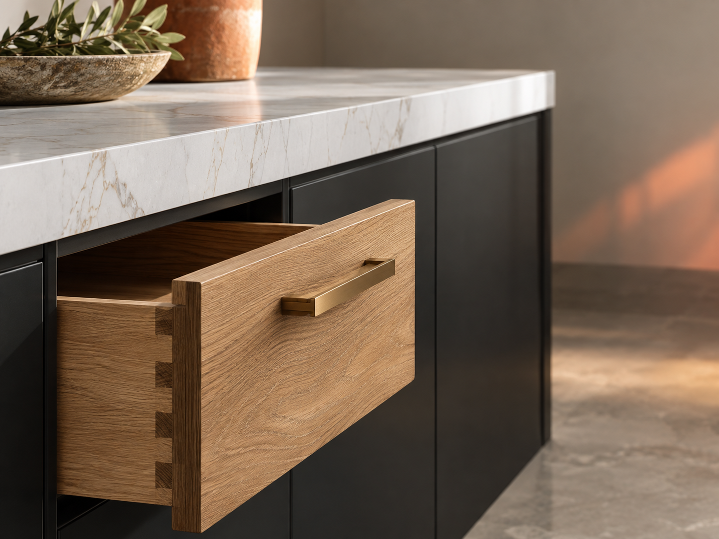 AI-generated close detail of oak joinery, charcoal cabinetry and quartz