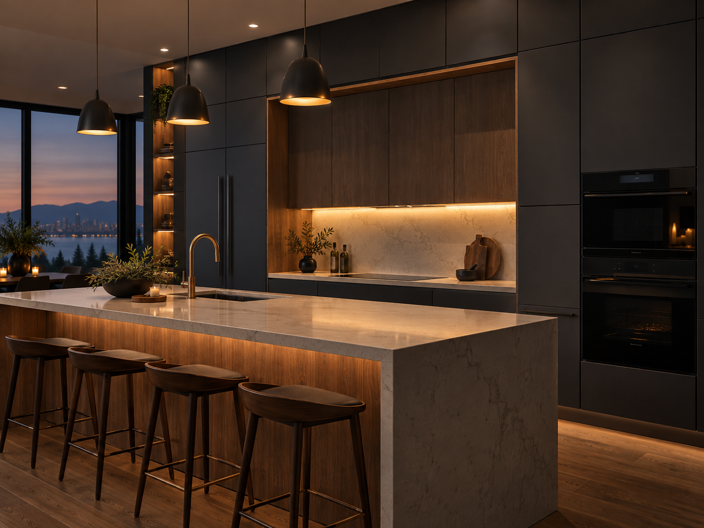 AI-generated dark custom kitchen cabinetry with warm oak and quartz details