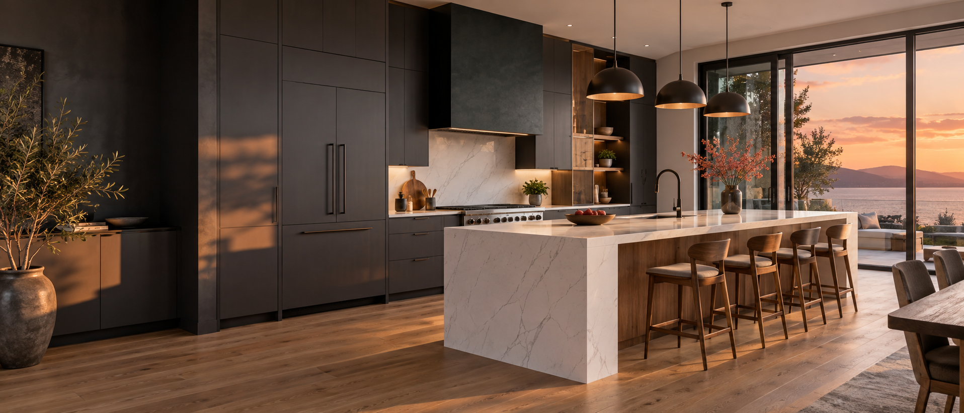 AI-generated architectural kitchen concept with charcoal cabinetry and quartz waterfall island