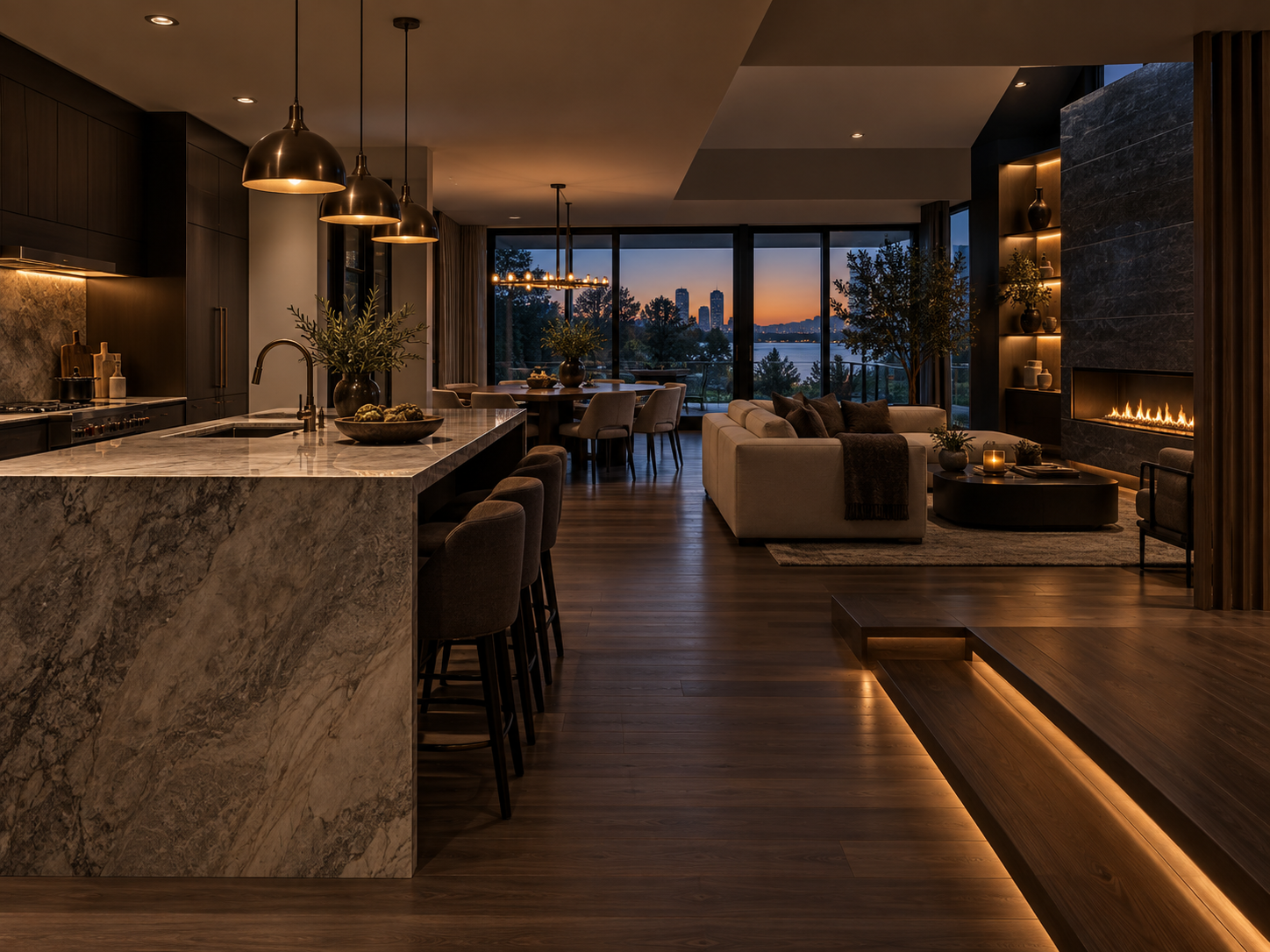 AI-generated dark open-plan home renovation with custom millwork and stone surfaces