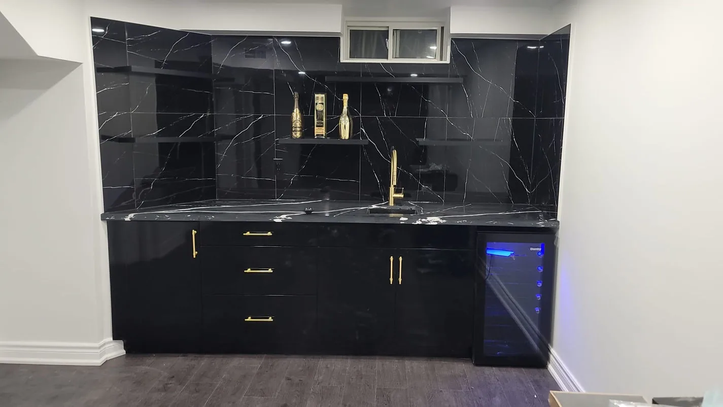 Black home bar with illuminated shelving